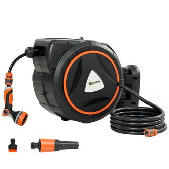 OUTSUNNY Enrollador De Manguera Para Jard&iacute;n De Pared 23+2 M Con 12 Modos De Rociado, Bloqueo Autom&aacute;tico Y Retracci&oacute;n Controlada, Soporte, Naranja