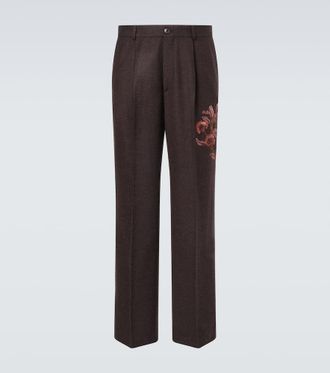 Dries Van Noten Embroidered wool flannel straight pants