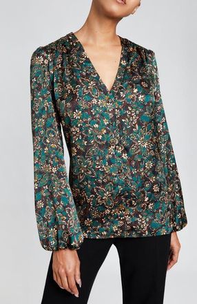 Santorelli ALEXIA Long Sleeve Buttoned Blouse in Modern Floral Print in Pine Multi at Nordstrom, Size 4