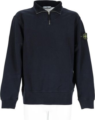 Stone Island Deep Blue Cotton Long-Sleeve Zip Collar Polo Shirt