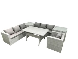 Fimous 6 Pieces Outdoor Rattan Sofa Set with Cushions Patio Garden Furniture Sets with Armchair Dining Table 2 Side Tables in Light Grey