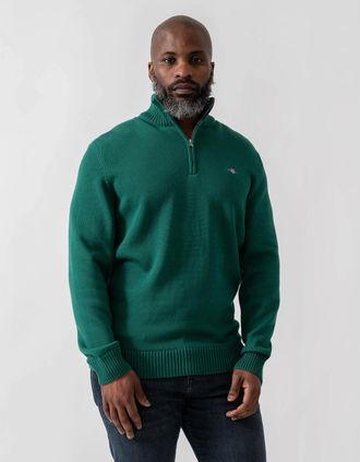 GANT Mens GANT Mens Casual Cotton Half Zip Jumper - 373 Deep Forest Green - Size: 44