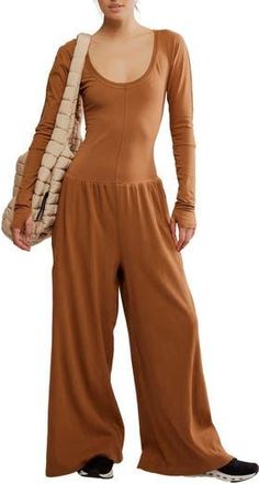 Free People FP Movement Hot Shot Wide Leg Long Sleeve Jumpsuit in Tan at Nordstrom Rack, Size X-Small