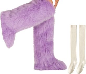 Generic Furry Boots for Women Thigh High, Over the Knee Fluffy High Boots, Tall Flat Winter Snow Warm Winter Shoes (F,8.5)