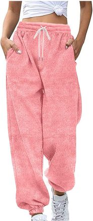 Generic Ladies Cropped Pyjamas Plush Pyjamas Bottoms Women Fuzzy Pajamas Trousers Checked Textured Pjs Pant with Pockets Drawstring Loose Cuffed Trouser Winte