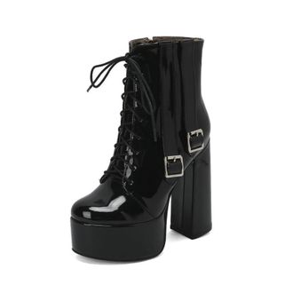 Generic Womens Lace Up Platform Ankle Boots Platform Chunky Heel Trendy Booties with Side Buckles,Black,6.5 UK
