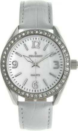 Peugeot Round Crystal Accented Bezel Leather Watch - 40MM in White at Nordstrom