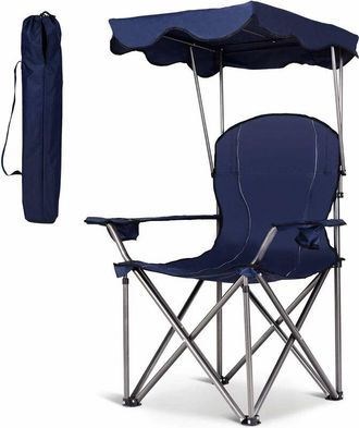 Costway Silla De Camping Con Techo Y Portavasos Silla De Playa Plegable Carga Hasta 120 Kg Para Patio Al Aire Libre (azul) - Costway