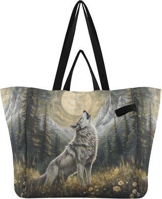 Generic White Horse Blue Wolf Mountain Flowers Beige print Reusable Canvas Tote Bag, Heavy Duty Grocery Shopping Bag with Large Capacity Double Handles Hard B