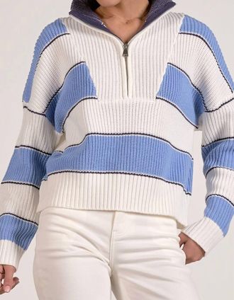 Elan Quarter Zip Colorblock Sweater Top In Light Blue