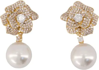 Self Portrait Mini Gold Crystal Flower Pearl Earrings - female - Self Portrait - Earrings - Yellow - ONE SIZE - Accessories