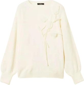 Twinset Trui met organza bloemen - Dames - Ronde hals truien - Wit - S - Organza - Truien & Vesten
