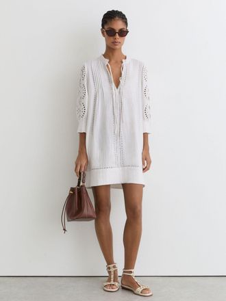 Reiss Cotton Cheesecloth Broderie Mini Dress, 14