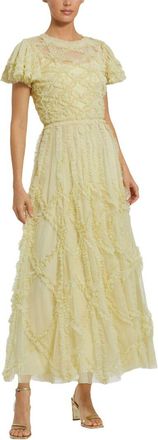 Mac Duggal Flutter Sleeve Mesh Micro Ruffle Maxi Dress