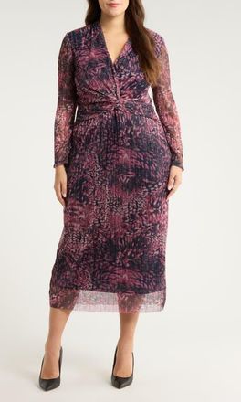 Anne Klein Long Sleeve Twist Front Micropleat Dress in Lotus Pink Multi at Nordstrom, Size 22W