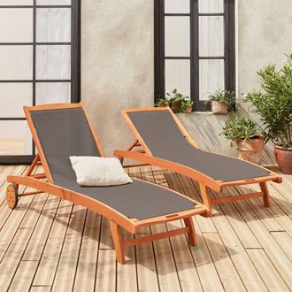 Sweeek Pair Of Wooden & Textilene Sun Loungers in Grey