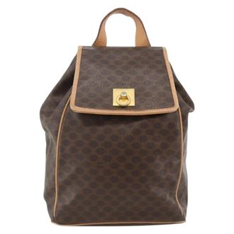 Celine Vintage Drawstring Flap Backpack Macadam Coated Canvas Brown Canvas Backpack Bag (Pre-Owned)