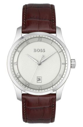 BOSS Principle Leather Strap Watch, 45mm in Silver at Nordstrom