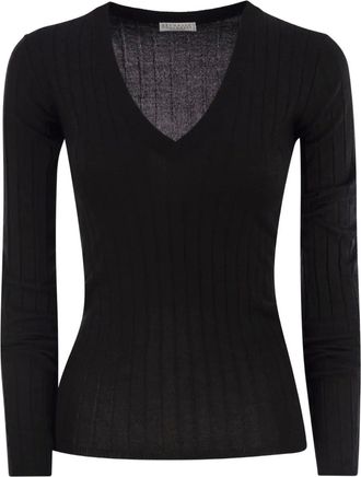 Brunello Cucinelli Maglione a coste con scollo a V - Nero