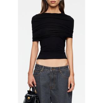 Lioness Bella Vita Ruched Foldover Mock Neck Crop Top in Noir at Nordstrom, Size X-Large