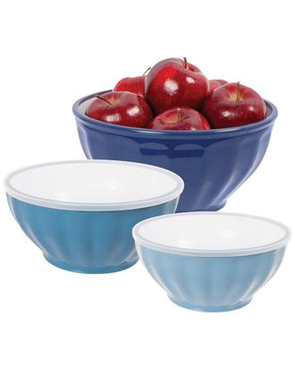 Oggi Set Of 3 Ribbed Bowl With Lids