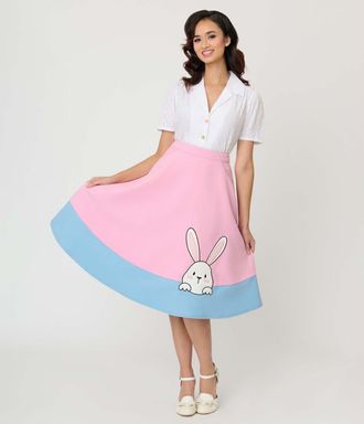 Unique Vintage High Waist Soda Shop Swing Skirt in Pink W/blue Border at Nordstrom, Size X-Small