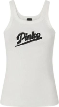 Pinko Pinko, Tops, Dames, Wit, XS, Katoen, Canotta con ricamo e strass