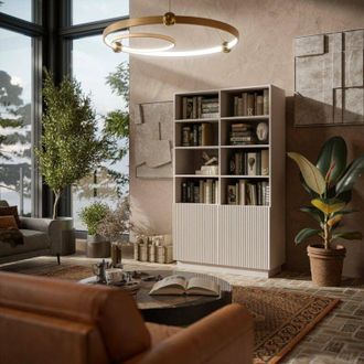 Dmora Librer&iacute;a Miniato, Estanter&iacute;a Con Compartimentos Abiertos Y Dos Puertas, Dise&ntilde;o Moderno Y Minimalista, 172x40 H100 Cm, Beige