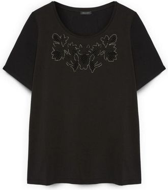 Fiorella Rubino Bi-material T-shirt met florale borduursels - Dames - T-shirts - Zwart - L - Katoen - Tops