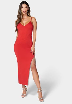 Bebe Womens Fringe Detail High Slit Dress