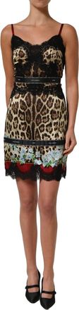 Dolce & Gabbana Womens Multicolor Floral Leopard Silk Lace Trim Mini Dress Cotton Elastane Nylon