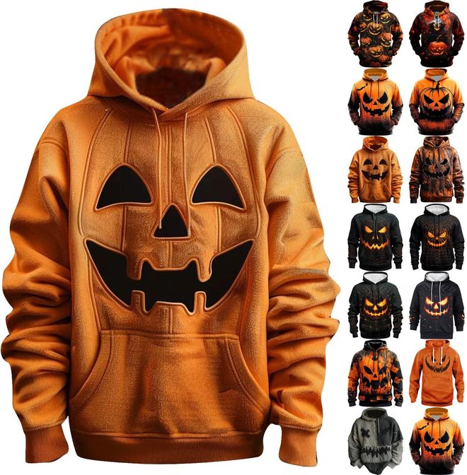 Halloween Hoodies for Men Funny 3D Print Fleece Hooded Sweatshirt Long Sleeve Costumes Fall Winter Pullover Tops with Pocket ( A01-Orange-Pumpkin Face