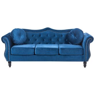 Beliani Sof&aacute; 3 Plazas Tapizado En Terciopelo Azul Botones De Adorno Apoyabrazos Enrollados Estilo Glam Skien
