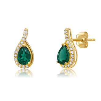 MAX + STONE 14k Yellow or White Gold Gemstone Pear Shape Drop Stud with Diamonds Accents