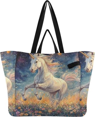 Generic Flower Horse Blue pattern Reusable Canvas Tote Bag, Heavy Duty Grocery Shopping Bag with Large Capacity Double Handles Hard Bottom Work Groceries Trav