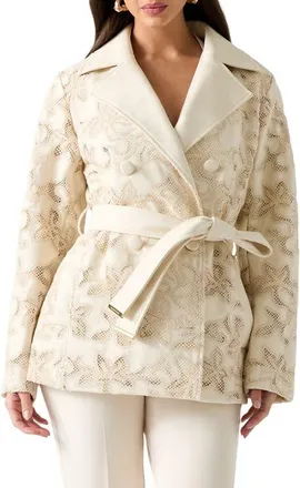 Marciano Ramona Lace Faux Leather Short Trench Coat in Mcdm-Open at Nordstrom, Size 44