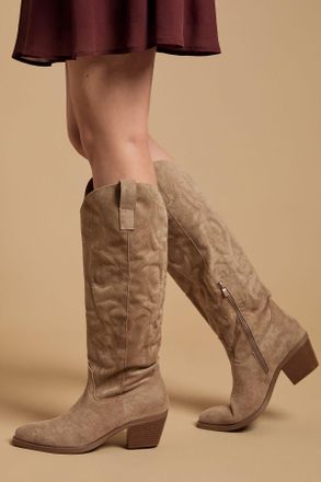 Oasis Womens Jess Faux Suede Embroidered Western Knee Boots - Taupe - Size UK 5