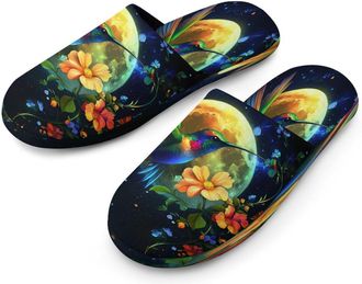 Generic Moonlit Hummingbird Floral Mens Flannel Slipper Soft Non Slip House Shoes Comfy Winter Warm Indoor Outdoor Slippers