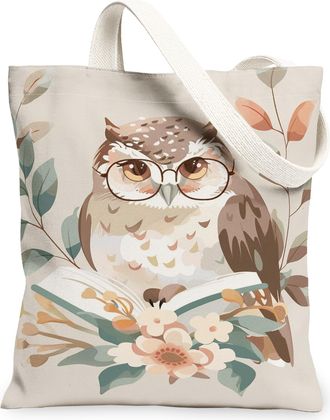 Generic Artistic Owl Canvas Tote Bags, Vintage Floral Design Lightweight Washable Reusable Grocery Bags for Spring Outdoor Travel B, Beige, 13x15 Inch
