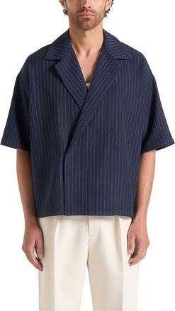 Mani&egrave;re De Voir Abel Boxy Pinstripe Double Breasted Shirt in Navy at Nordstrom, Size Xx-Large