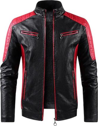 Generic Mens Solid Slim Korean Style Leather Jacket Winter Faux Fuzzy Collar Warm Windproof Outerwear