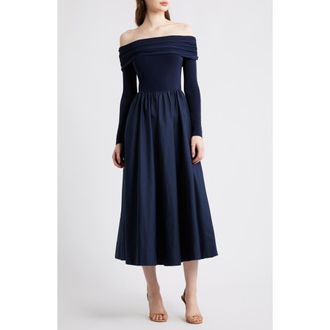Eliza J Off the Shoulder Long Sleeve Mixed Media Dress in Navy at Nordstrom, Size 10