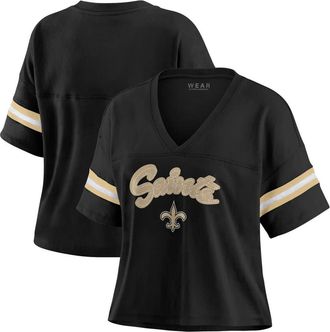 WEAR by Erin Andrews Womens WEAR by Erin Andrews Black New Orleans Saints Plus Size Color Block Boxy V-Neck T-Shirt at Nordstrom, Size 4X