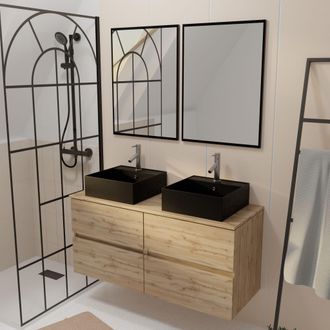 Aurlane Mueble Ba&ntilde;o 120cm 4 Cajones Roble, Lavabos Negros 41x41x15, 2 Espejos 55x75
