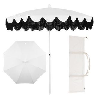 Jonathan Y Designs Mariner 6.5 ft. Classic Cottage Fringe Tassel Market Beach Umbrella with Push Button Tilt in White - White Pole at Nordstrom