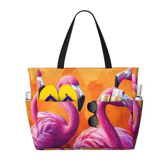 Generic Pink Flamingo Print Large Beach Bag Foldable Travel Shoulder Tote Bag With Pocket For Weekender Pool Vacation
