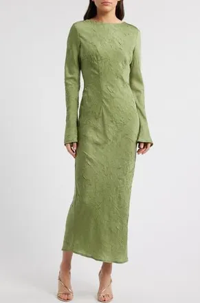 Rare London Crinkle Effect Long Sleeve Dress in Olive at Nordstrom Rack, Size Small