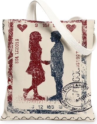 Generic Vintage Romantic Canvas Tote Bags, Couple Silhouette Print Reusable Grocery Bags, Lightweight Washable Shoulder Strap, Beige, 13x15 Inch