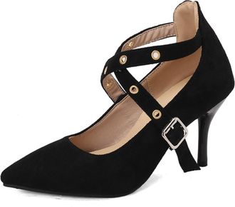 Generic Womens Pointed Toe Stiletto Heel Pumps Double Crisscross Ankle Strap Buckle Closure Suede Upper Cushioned Insole Comfortable Elegant Dress Shoes,Black