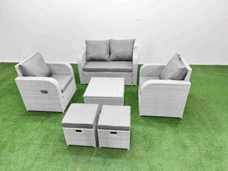 Fimous Light Grey PE Wicker Rattan Garden Furniture Set Sofa Set Reclining Adjustable Chair Square Coffee Table 6 Seater 2 Small Stools